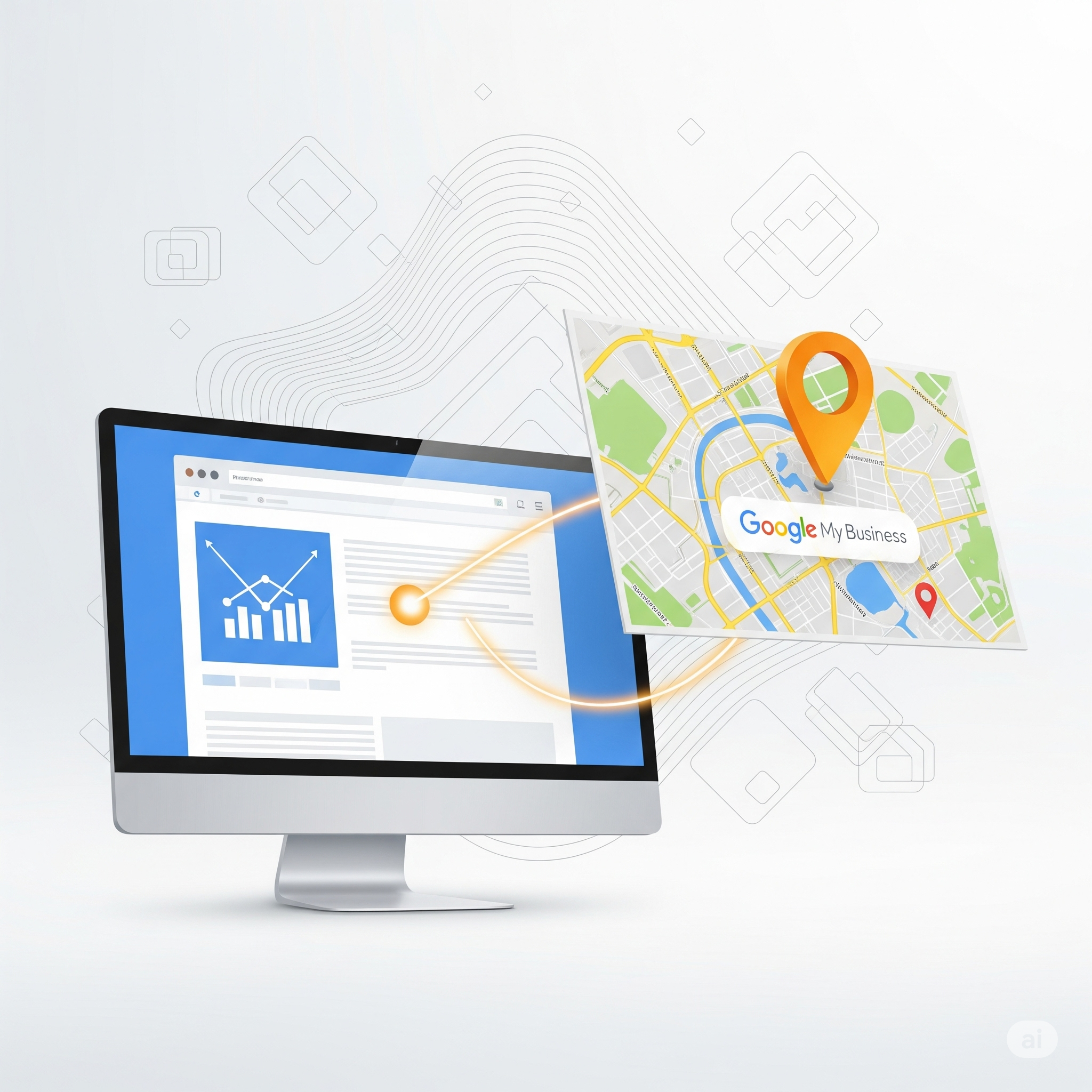 Wizualizacja synergii między stroną internetową a wizytówką firmy na mapie, symbolizująca lokalne SEO i zwiększanie widoczności.