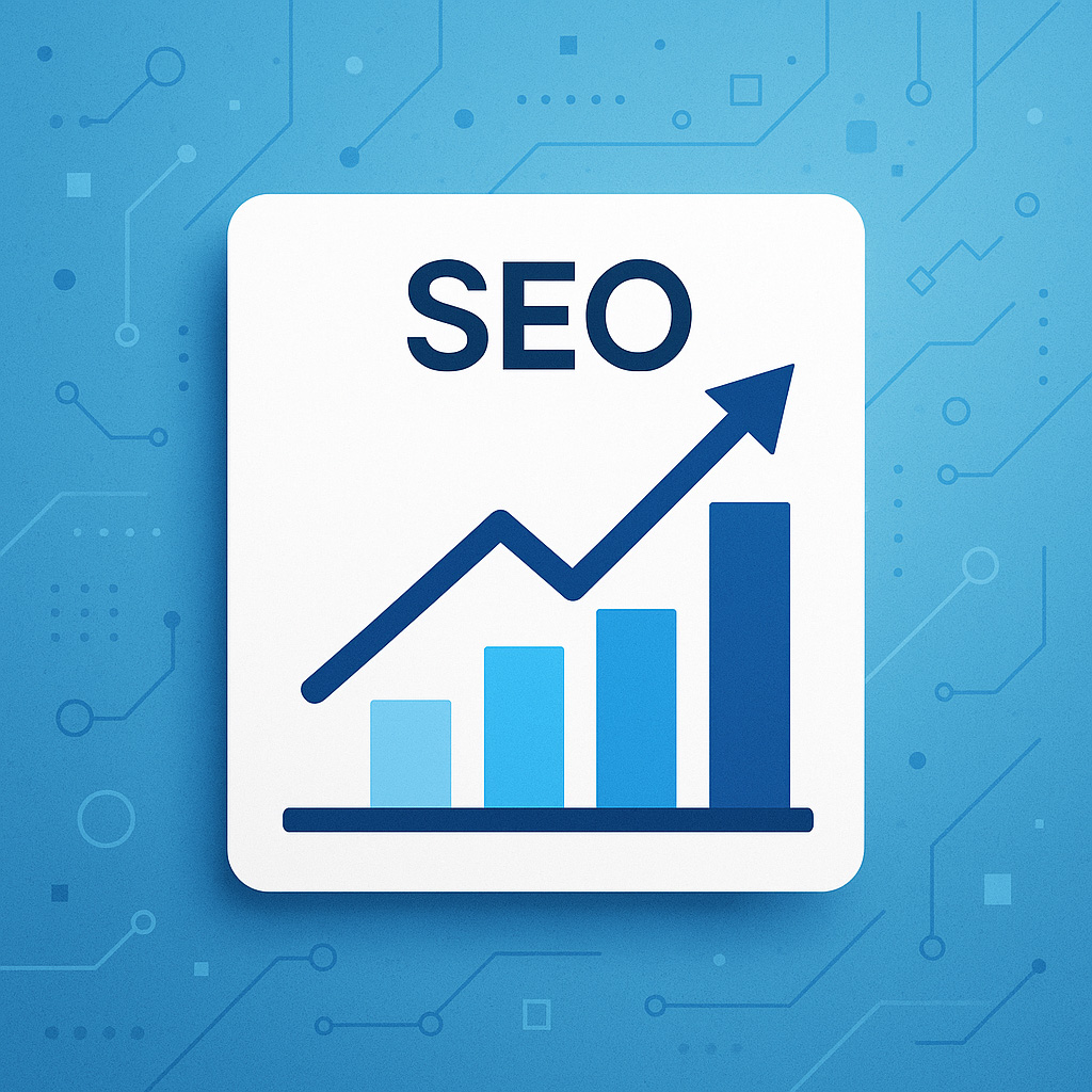 Wykres wzrostu pozycjonowania SEO z linią trendu skierowaną w górę, symbolizujący sukces i wzrost widoczności w wyszukiwarce Google dla strony internetowej i wizytówki Google Moja Firma.