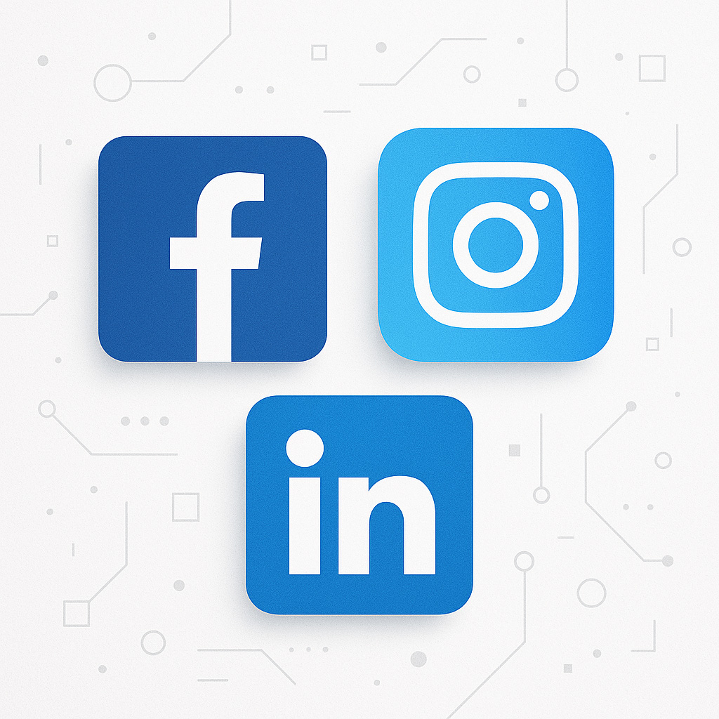 Ikony mediów społecznościowych Facebook, Instagram, LinkedIn na białym tle. Usługi social media marketingu i zarządzanie profilami dla firm.