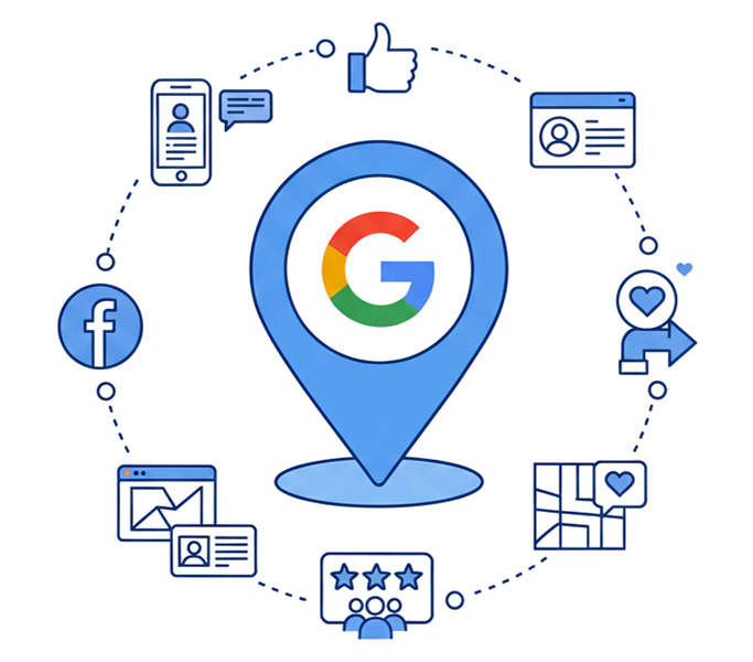 Ikona lokalizacji i schemat połączeń symbolizujące optymalizację wizytówki Google.