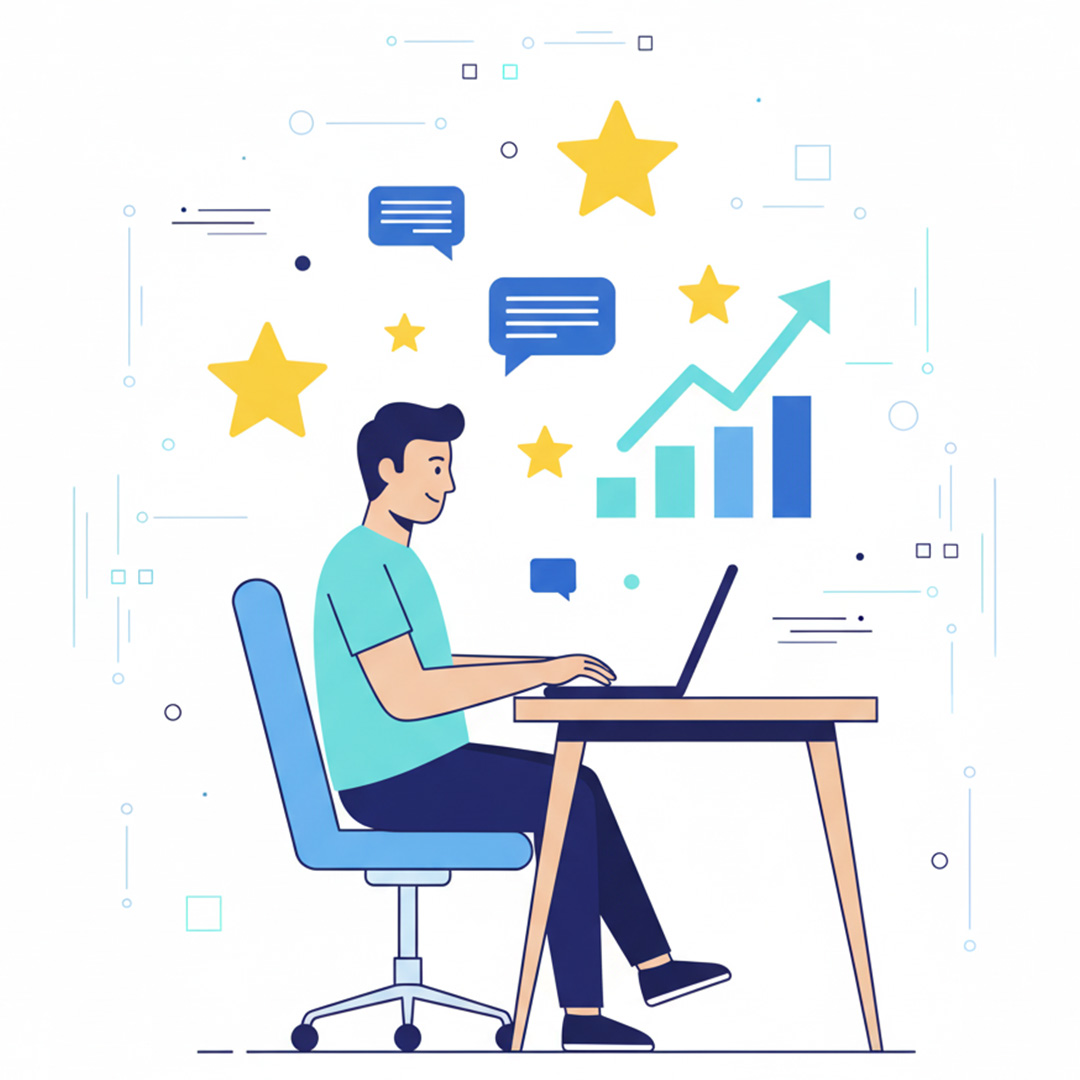 WebSpark pracuje przy laptopie, ikony opinii Google gwiazdki wykresy, optymalizacja wizytówki Google, SEO Poznań