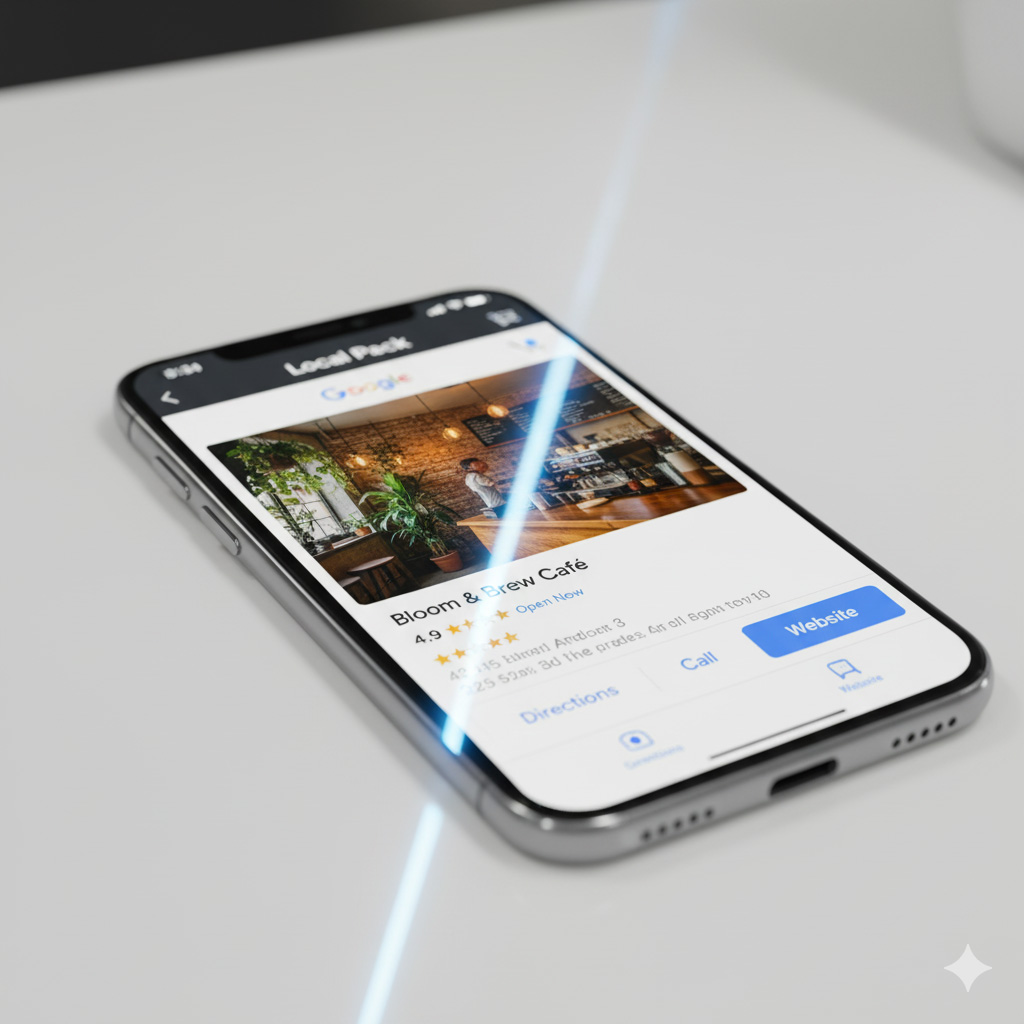 Zbliżenie na ekran nowoczesnego smartfona z wyświetloną Wizytówką Google (Local Pack) dla lokalnego biznesu. Profesjonalne zdjęcie kawiarni i niebieskie refleksy światła symbolizujące WebSpark.