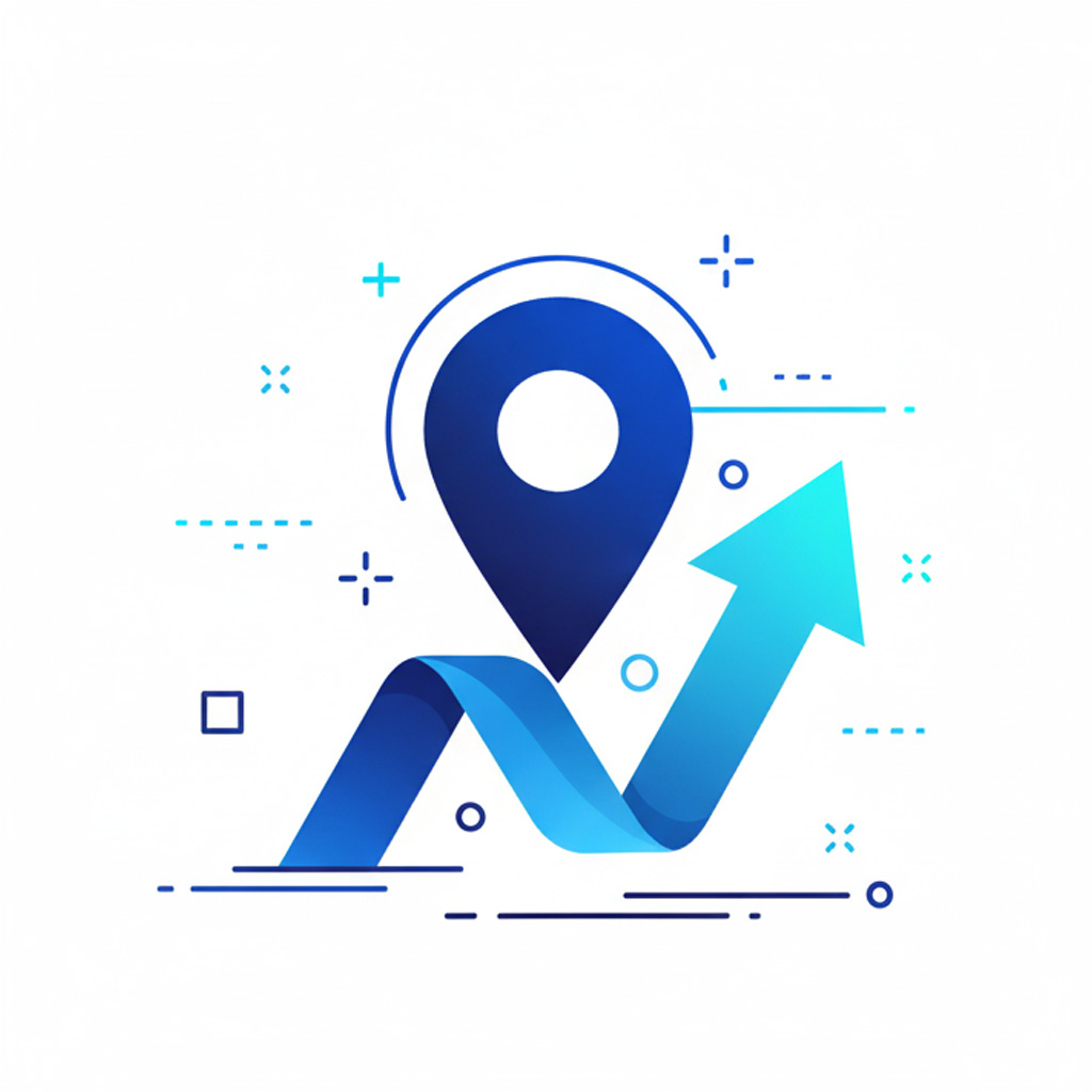 Minimalistyczna grafika wektorowa przedstawiająca pinezkę Google Maps na tle strzałki symbolizującej wzrost, otoczoną elementami analitycznymi. Ilustracja wizytówki Google i lokalnego SEO WebSpark.